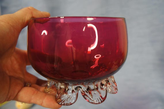 Ruby Red Murano Style Art Glass Bowl with Clear Shell Feet Hand Blown Vintage Mid Century Italian Style Glass