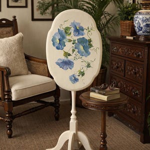 Hand Painted Floral Tilt Top Table Cottage Chic Accent Table Blue Flower Side Table Statement Decor Entryway Display