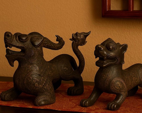 Pair Chinese Archaistic Bronze Style Qilin Guardian Beast Statues 仿古铜风格 Feng Shui Guardian Beasts Bronze Ware