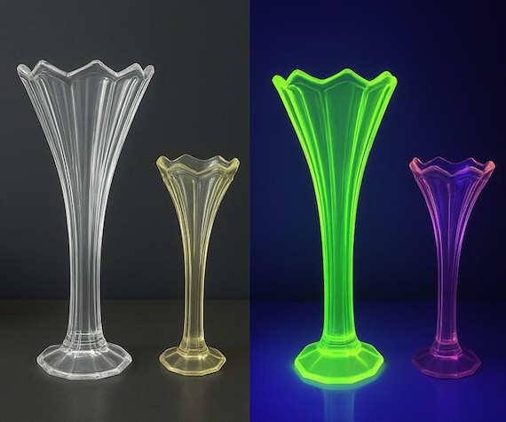 Antique 1903 Uranium Glass and Vaseline Glass Trumpet Vases Matched Pair Octagonal Base Fluorescent Art Glass 15" and 12"