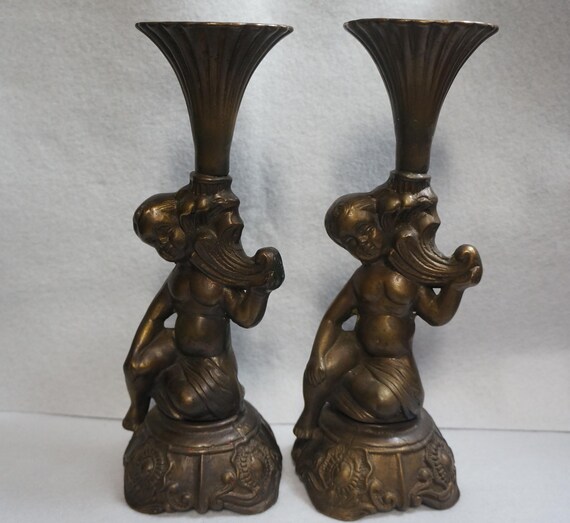 Vintage Pair Antique French Bronze Cherub Putti Ornate Candle Stick Holders Candelabras Late 19th Century