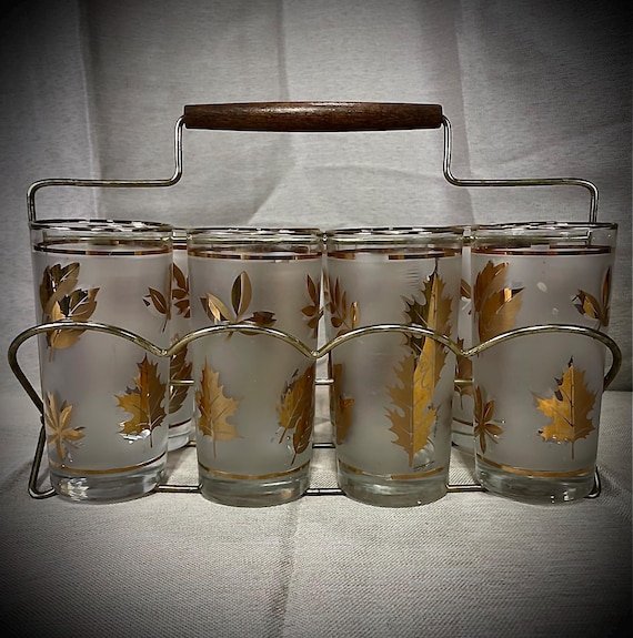 Vintage Glasses Eight Highball Gold Frosted In A Brass Carry Cart By Fred Press