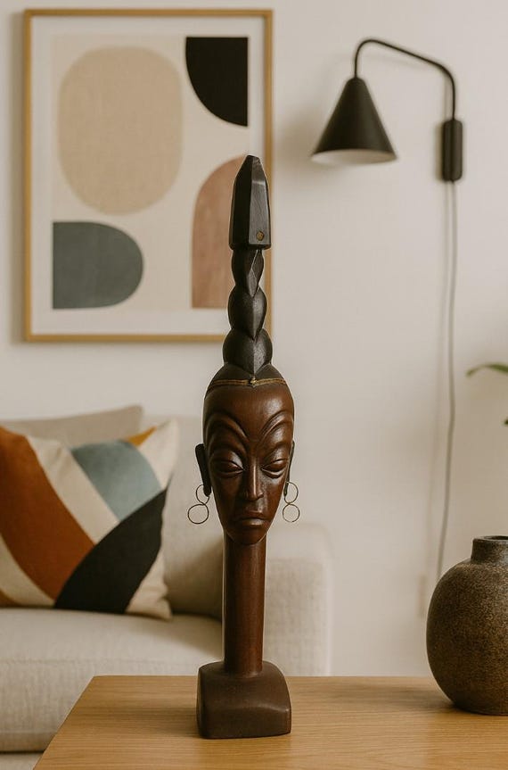 Vintage African hand carved wood bust 22 inch tall with elongated braided coiffure copper swirl earrings & tribal decor African Mahogany