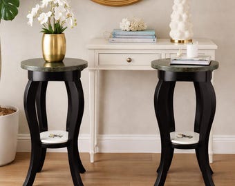 Pair pedestal stands luxury foyer decor black wood faux marble tops porcelain inlay accent tables entryway statement decor