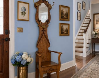 Tall Narrow Tiger Oak Hall Tree Victorian Entry Seat Quarter Sawn Oak Foyer Decor Brass Hooks Lyre Silhouette