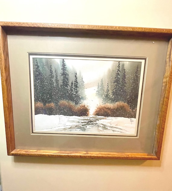 Vintage JP Myler Signed Watercolor Winter Landscape Heavy Solid Oak Frame Beautiful Nature Wooded Snowy Scenery Serene and Peaceful
