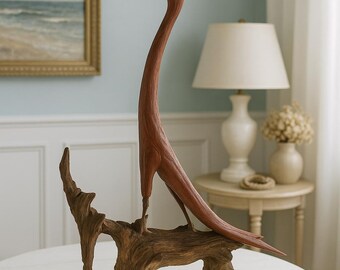 Heron Egret Statement Sculpture Tall 32” Perched Crane Architectural Bird Statue Palacial Size Figure Lake Bird Coastal Luxury Home Decor