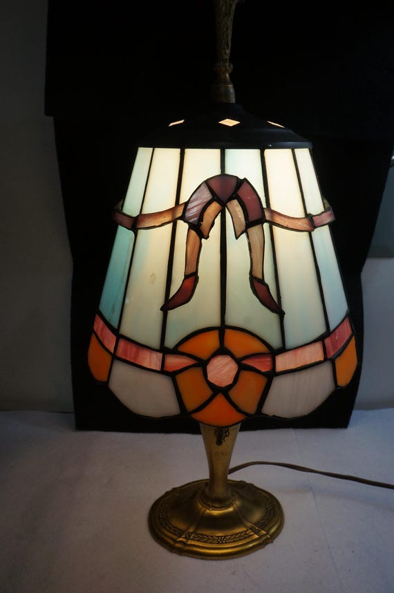 Vintage Lamp Stained French Art Glass and Brass Lamp