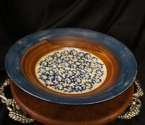 Handmade Bowl Blue and White Earth and Sky Large 13" Floral Centerpiece or Salad Serving or Pasta Serving Bowl