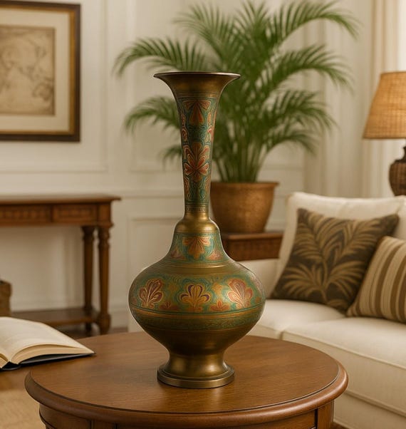 Vintage Indian Brass Vase 11x5 Hand Incised and Accent Enamel Painted Mid Century Boho Decor Collectible Vase