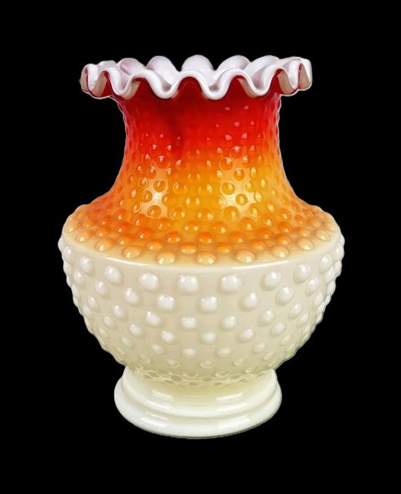 Vintage UV Reactive Mid Century  Kanawha Hobnail Orange and Cream Art Glass Vase Ruffled Rim