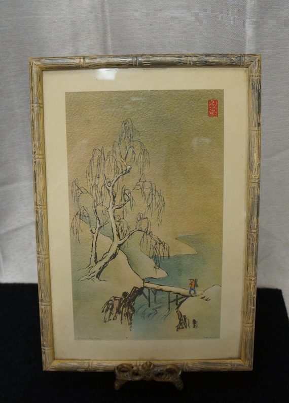 Framed Kow-Ling Jiang Print 1956 Willow Bridge Landscape | Mid-Century Donald Art Co Wall Art Japandi Chinoiserie Decor