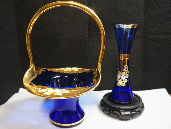 Murano Signed Large Cobalt Blue 24K Gold Gilded Basket Hand Painted Floral and Matching Vase