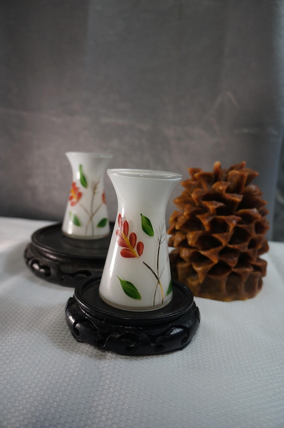 Vintage Mid Century Pair of Bartlett Collins Art Glass Vases Floral White Red Green 4" MCM