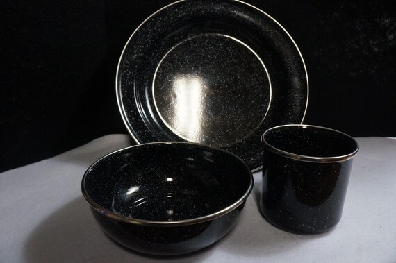 Metal 3 Piece Serving Set Black Enamel Speckled Plate Bowl Cup / Mug Vintage Cabin Rustic Hiking bundles shipping on more than 1