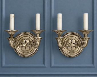 Wall Sconces Pair Vintage Satin Nickel Antique Silver Colonial Revival Double Arm Floral Rosette Traditional Candle Wall Lights