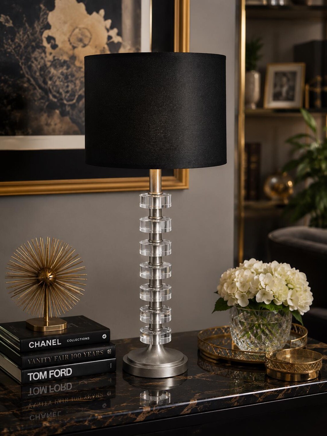 Vintage Stacked Acrylic Table Lamp Lucite Charles Hollis Jones Style Hollywood Regency Black Silk Shantung Drum Shade, photo 3 sur 5