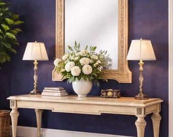 Vintage Louis XVI Style Entryway Suite Giltwood Fluted Cream Verde Coffee Table & Carved Trumeau Wall Mirror