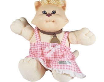 Cabbage Patch Kids Koosas Claudett Plush Cat Pink Gingham Dress 1983 Vintage