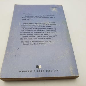 May include: A vintage paperback book with a light blue cover. The back cover features text from the story, including the phrase "Son of the Black Stallion." The Scholastic Book Services logo is at the bottom.