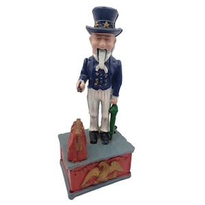Uncle Sam Cast Iron Mechanical Coin Bank Patriotic Taiwan Works NO PLUG Vintage