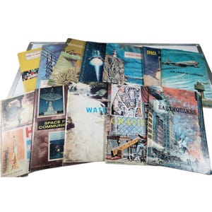 May include: A collection of vintage Science Service books with colorful covers. Titles include "Mammals," "Space," "Earthquakes," and "Air Traffic Control." The books feature illustrations of a lighthouse, a jet, and a rocket launch.
