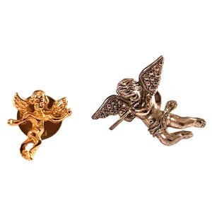 Two Cherub Pins Silver Tone Gold Tone Guardian Angels Brooch Vintage