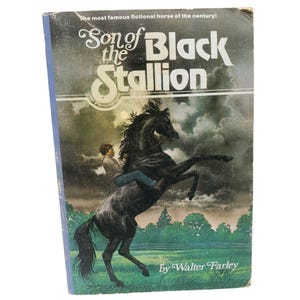 May include: Vintage book cover for "Son of the Black Stallion" by Walter Farley. The cover features a black horse rearing up with a rider, set against a cloudy sky and green landscape. Text includes the title and author's name.