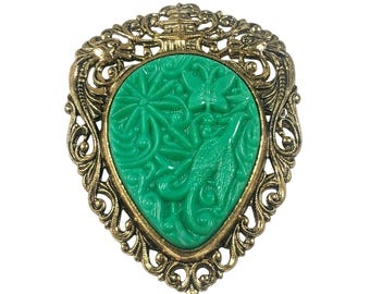 Art Deco Style Brooch Pendant Green Resin Brass Filigree Pin Vintage 1970s