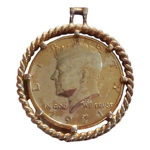 JFK Plated Half Dollar Pendant Plated USA Kennedy Coin Money & Holder Vintage
