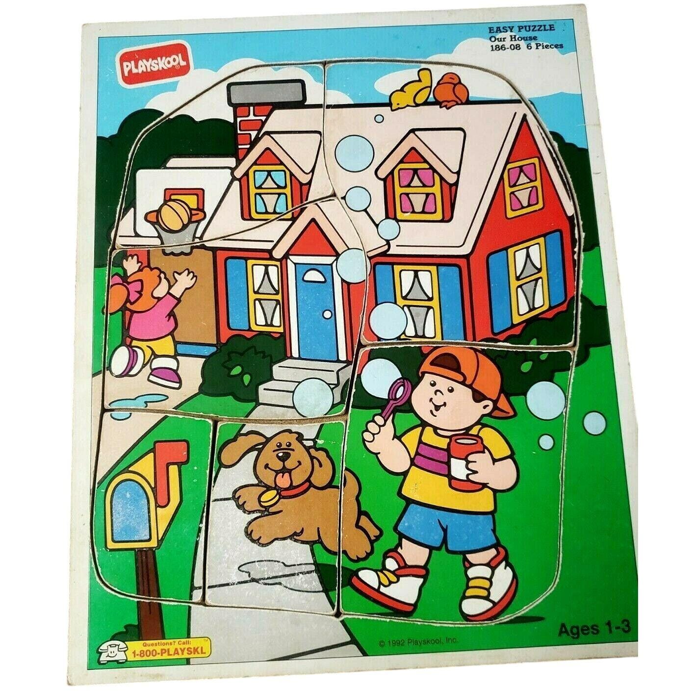 VINTAGE 1992 PLAYSKOOL Our House Wooden Puzzle Boy Dog Bubbles 
