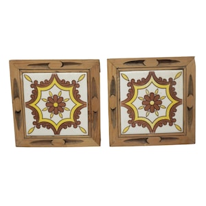Handmade Ceramic Mexican Tile Trivets Wooden Yellow Brown Pattern Vintage MCM