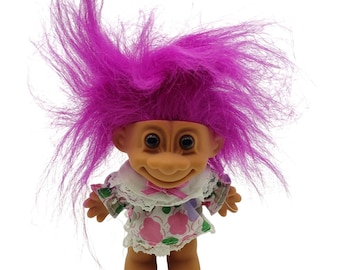 Troll Doll Pink Hair Floral Dress Made In China Vintage