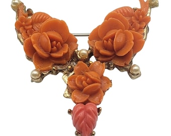 Carved Coral Catalin Celluloid Brooch Faux Pearl Pin Vintage
