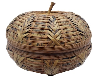 Handwoven Bamboo Enamel Lined Basket Apple Shape Vintage
