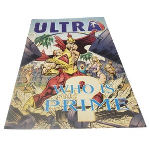 May include: A comic book cover featuring a red and yellow superhero with a question mark over the words "Who is Prime". The cover is set against a beach scene with people in the background.