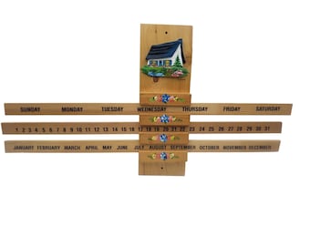 Wood Perpetual Calendar Hand Painted Quebec French English Cottagecore Vintage