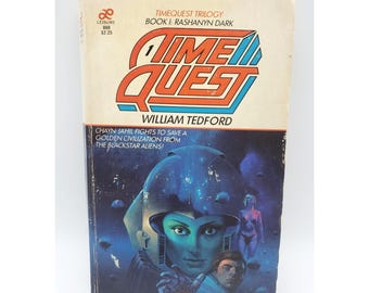 May include: A vintage paperback book titled "Timequest" by William Tedford. The cover features a futuristic illustration with a woman in a helmet and the text "Timequest Trilogy". The book is a science fiction novel.