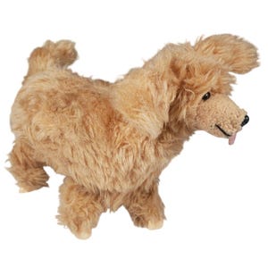May include: A plush toy dog in a standing position, with light brown fur. The dog has floppy ears, a black nose, and a pink tongue sticking out. The toy is designed to resemble a poodle.