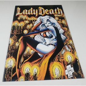 May include: A comic book cover featuring the title "Lady Death" in a stylized font. The artwork depicts a woman with long white hair, wearing a black and orange outfit, surrounded by candles and skulls. Signed by Jensen '94.