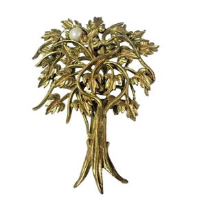 Gold Tone Pin Filigree Tree Faux Pearl Accent Brooch Lapel Pin Vintage