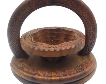 Wooden Collapsible Berry Basket Hand Carved Folding Folk Art Vintage