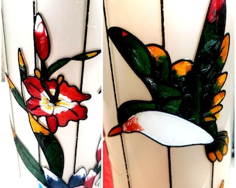 Hummingbird Glass Hand Painted Hurricane Shade Candle Cover Vintage