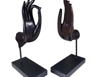 Buddha Hands Sculpture Cast Metal Elegant Objet d&#39;art Wood Stands Vintage Thai