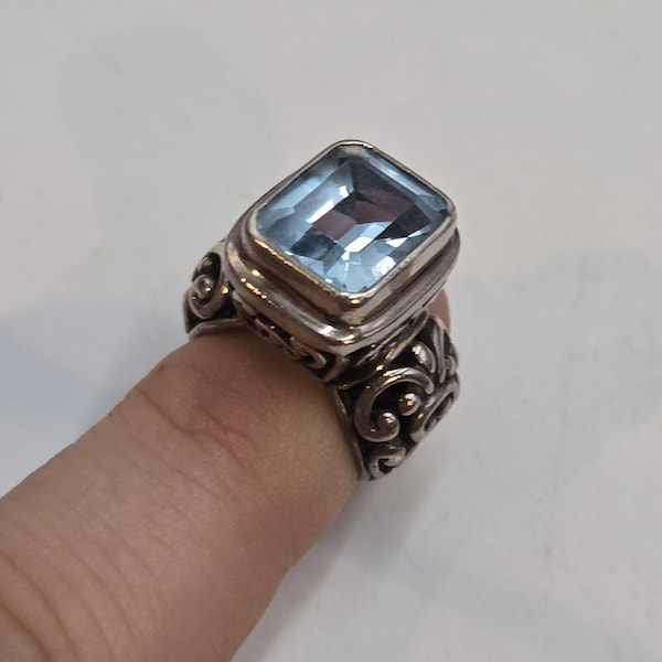 Anillo de cóctel con filigrana de topacio azul de plata esterlina 925 gruesa de Bali vintage, talla 4,25