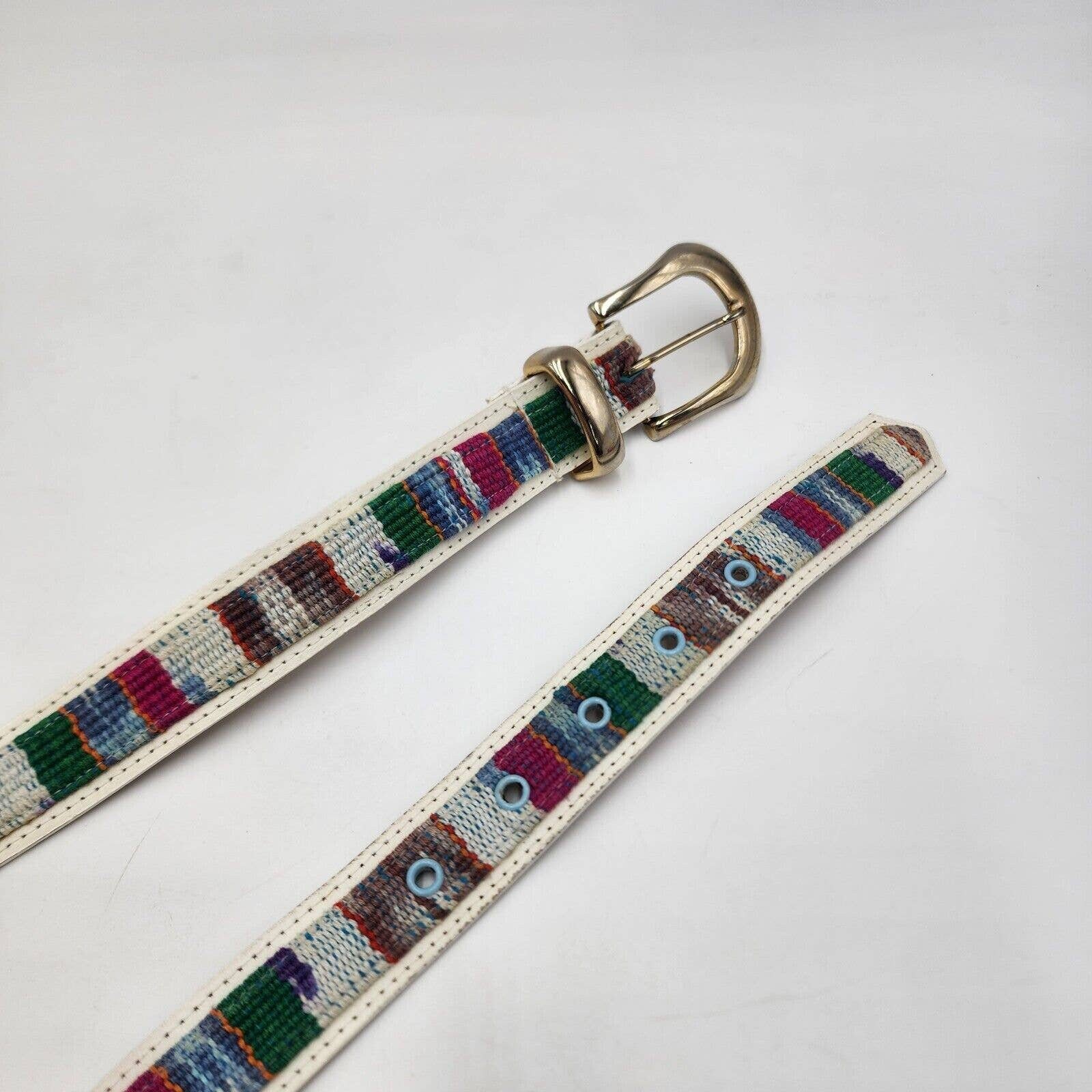 Guatemala Woven Colorful Cotton & Leather Gold Tone Buckle 