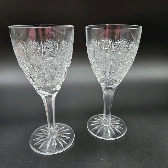 Vintage Set 2 Bohemia Hand Cut Lead Crystal Wine Glasses Queen's