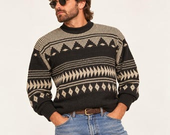 Klasyczny sweter McGregor z lat 80., męski, akrylowy, duży, granatowy, kremowy, geometryczny, Korea