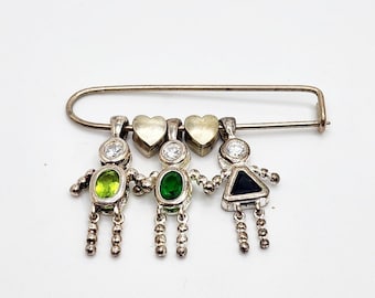 Broche de plata de ley 925 vintage con tres niños en un corazón (imperdible) - Niño Niño Niña