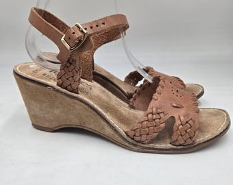 Vintage 70s Leather Wedge Heels Brazil Sz 9 Boho Hippie Fanfares Peep Toe